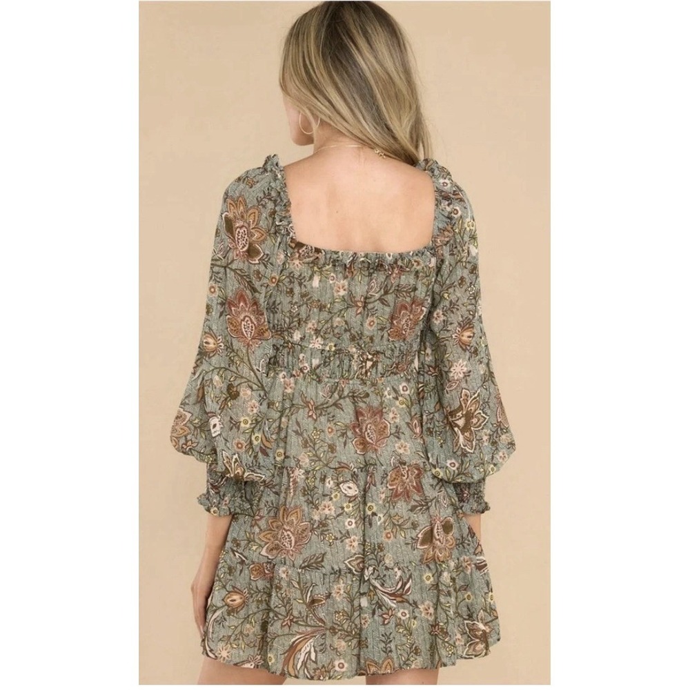 Blu Pepper Ruffle Green Floral Mini Dress Long Sleeve Cuffs Folk Peasant Boho - Picture 2 of 6